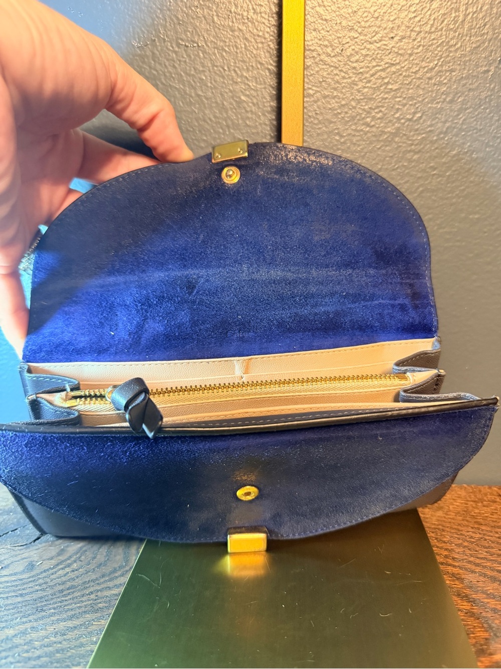 Chloe Navy and Gray Leather Double Flap Suede Wallet with Gold Hardware - Picture 7 of 14